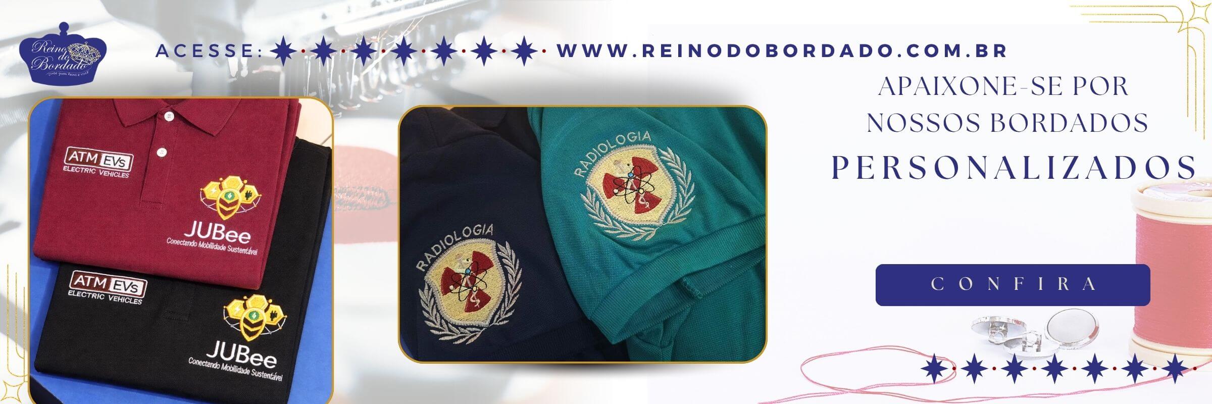Camisas polo personalizadas com bordados profissionais, incluindo logotipos empresariais e emblemas de radiologia, exibidas em diferentes cores.